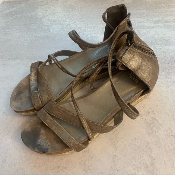 Eileen Fisher Leather Metallic Distressed Strappy Sandals - Picture 10 of 12